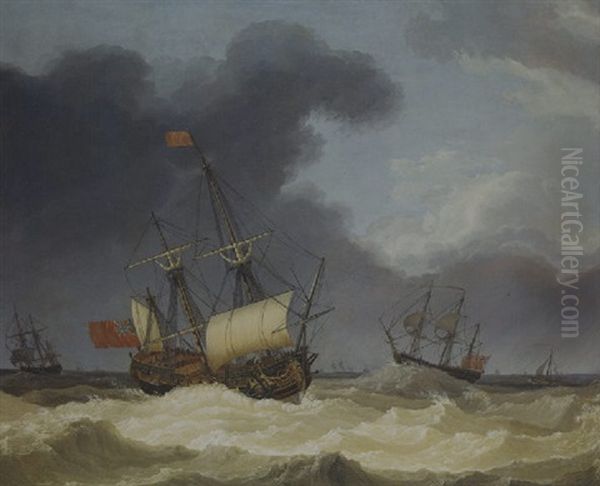 English Frigates In Rough Seas Oil Painting by Jacob Philipp Hackert