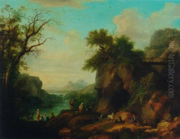 A Mountainous Wooded River Landscape With A Goatherd And Flock, Peasant Women In The Foreground Oil Painting by Jacob Philipp Hackert