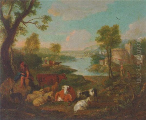 A Herder Resting With His Flock In A Rocky River Landscape Oil Painting by Jacob Philipp Hackert