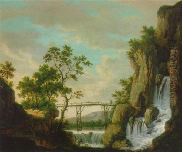 A River Landscape With A Fisherman Before A Waterfall, A Traveller Traversing A Bridge Beyond Oil Painting by Jacob Philipp Hackert