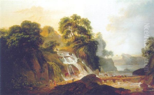 Shepherds And Travellers On A Bridge By A Waterfall In An Italianate Landscape, At Sunset Oil Painting by Jacob Philipp Hackert