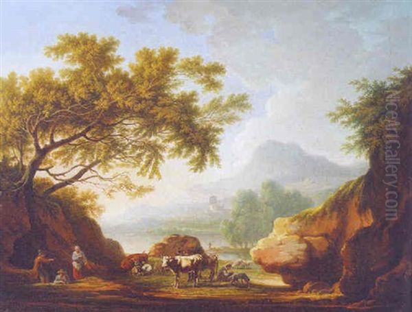 A River Landscape With Herders Resting By A Rocky Outcrop Oil Painting by Jacob Philipp Hackert