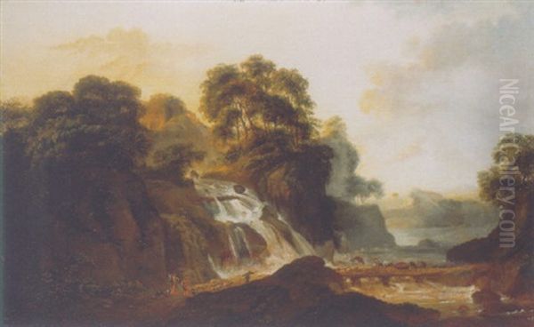 Shepherds And Travellers On A Bridge By A Waterfall In An Italianate Landscape, At Sunset Oil Painting by Jacob Philipp Hackert