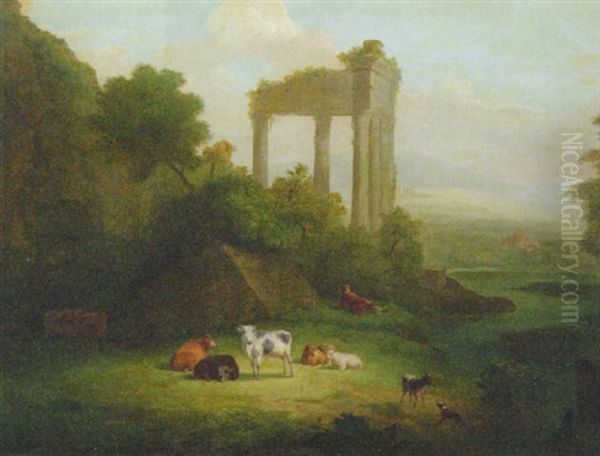 An Extensive Landscape With A Drover And Cattle Resting Before A Ruin Oil Painting by Jacob Philipp Hackert