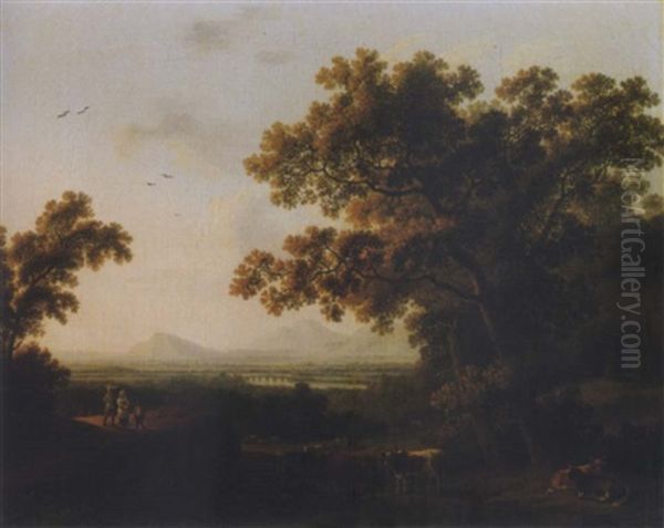 A Roman Landscape With Peasants And Bulls Resting By A Watering-hole Oil Painting by Jacob Philipp Hackert