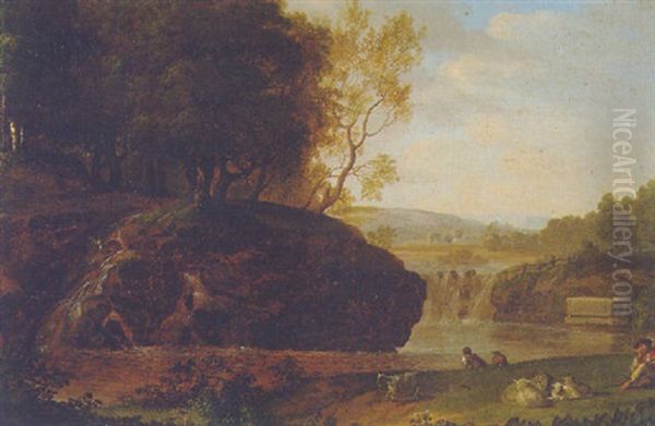 A River Landscape With A Shepherd Resting On A Bank Oil Painting by Jacob Philipp Hackert