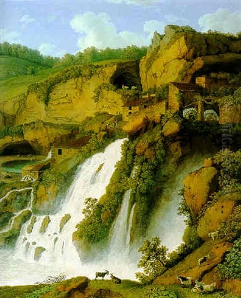 A View Of The Waterfall At Anitrella With Goats Grazing Nearby Oil Painting by Jacob Philipp Hackert