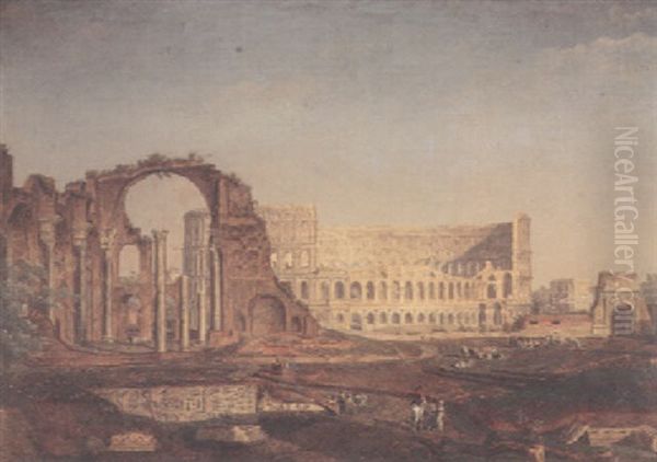 A View Of The Coliseum With Elegant Figures And Others By Classical Ruins In The Foreground Oil Painting by Jacob Philipp Hackert