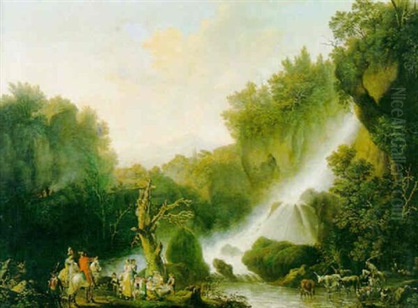 Cavaliers Et Bohemiens Pres D'une Cascade Oil Painting by Jacob Philipp Hackert