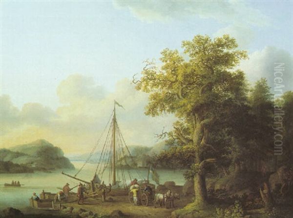 A Scandinavian River Landscape With Figures Loading A Barge Flying The Swedish Flag Oil Painting by Jacob Philipp Hackert