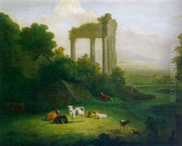 Klassische Weidelandschaft Mit Saulenruine Oil Painting by Jacob Philipp Hackert