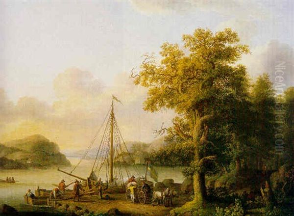 A River Landscape With Figures Loading A Small Vessel Oil Painting by Jacob Philipp Hackert