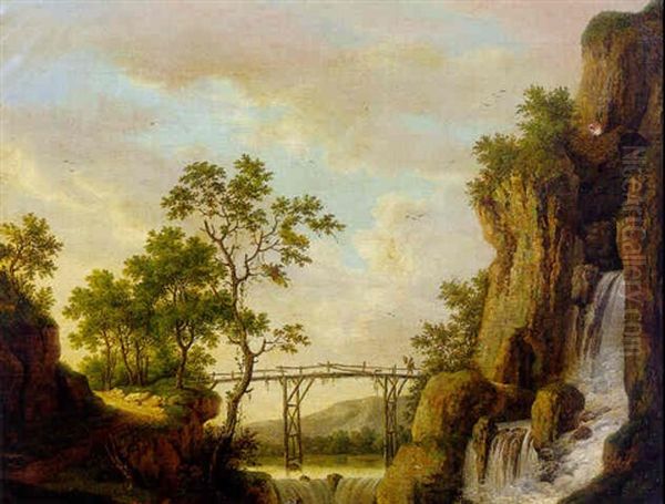 A Rocky River Landscape With An Angler Near A Waterfall, A Figure And A Dog Crossing A Footbridge Beyond Oil Painting by Jacob Philipp Hackert