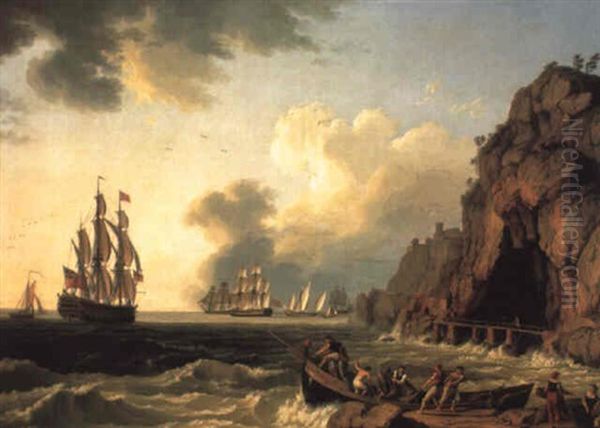 A View Of The Coast Near Naples, With A British Royal Navy Three-decker Oil Painting by Jacob Philipp Hackert