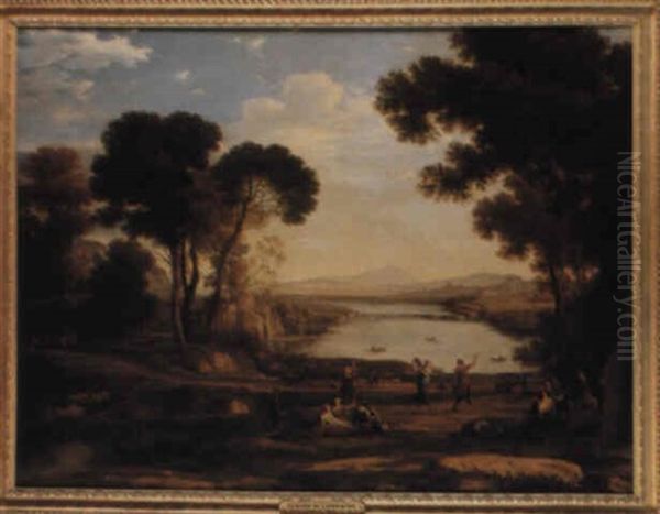 Landscape With Two Figures Dancing With Tambourines Oil Painting by Jacob Philipp Hackert