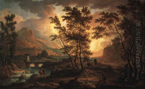 Gebirgige Fluslandschaft Bei Sonnenuntergang Oil Painting by Jacob Philipp Hackert