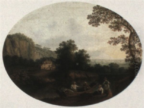 River Landscape With Figures Loading Up Their Rowing Boat Oil Painting by Jacob Philipp Hackert