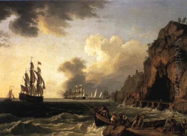 British Naval Ships Off Coast Of Naples Oil Painting by Jacob Philipp Hackert