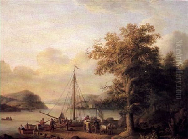 A River Landscape, With Figures Loading A Small Sailing     Vessel Oil Painting by Jacob Philipp Hackert