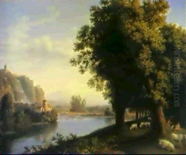 An Italianate River Landscape In Summer.... Oil Painting by Jacob Philipp Hackert