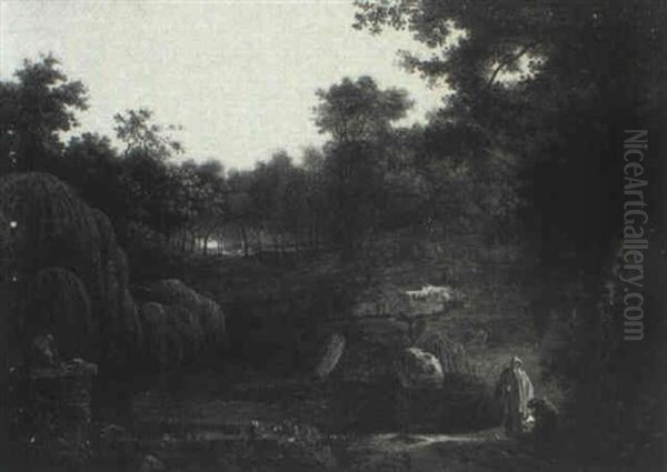 A Wooded Landscape With Monks By A Pool In The Foreground, A Monastery Beyond Oil Painting by Jacob Philipp Hackert