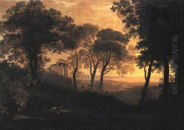 An Extensive Italianate Landscape With A Ruined Temple On A Hill Oil Painting by Jacob Philipp Hackert