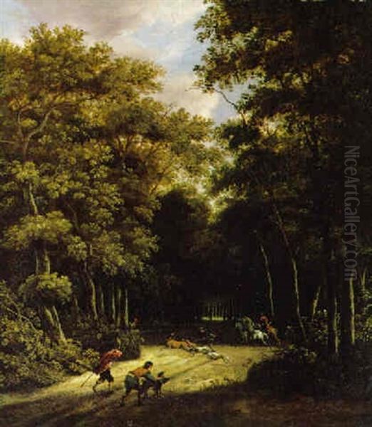 Hirschenjagd In Einer Waldlandschaft Oil Painting by Jan Hackert