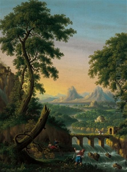 Gebirgige Flusslandschaft Mit Einer Steinernen Bogenbrucke Und Figuren Oil Painting by Johann Gottlieb Hackert