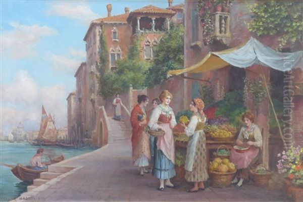 Venetian Scene With Female Figures At A Fruit Stall Oil Painting by Arthur Trevor Haddon