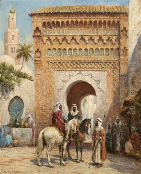 Arabian Courtyard Scene With Men On Horseback Oil Painting by Arthur Trevor Haddon