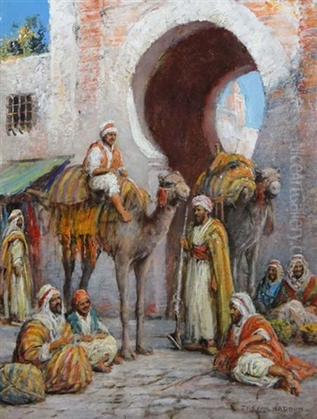 Middle Eastern Figures By Entrance Gate To A City With Camels, Some Resting Oil Painting by Arthur Trevor Haddon