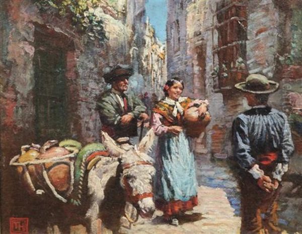 Figures In A Spanish Street Oil Painting by Arthur Trevor Haddon