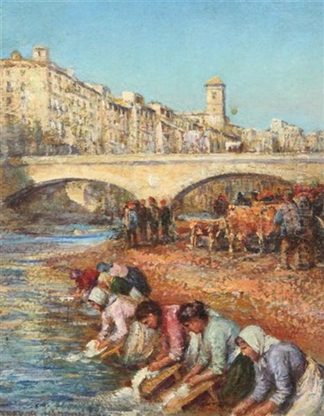 Women Washing, Gerona Oil Painting by Arthur Trevor Haddon