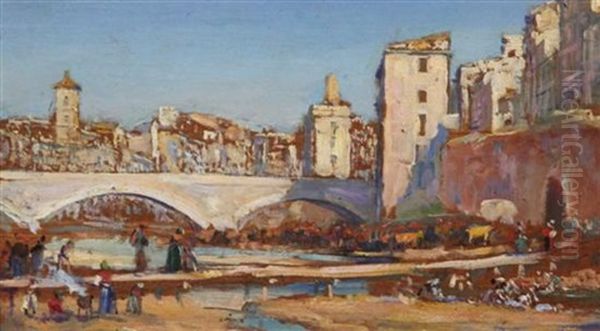 View Of A Spanish Town With Figures On A Dry River Bed Oil Painting by Arthur Trevor Haddon