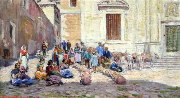 Spanish Market Place With Figures Selling Pots Oil Painting by Arthur Trevor Haddon