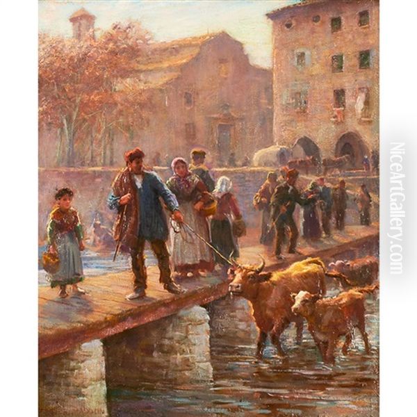 Market Day, Girona, Spain Oil Painting by Arthur Trevor Haddon