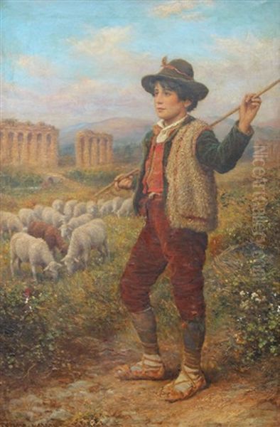 Italian Shepherd Boy In A Landscape With Flock And Ruins In The Distance Oil Painting by Arthur Trevor Haddon