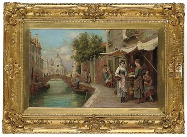 Fruit Sellers On A Venetian Backwater, Santa Maria Della Salute Beyond Oil Painting by Arthur Trevor Haddon