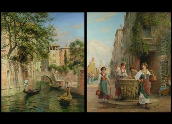 Kanal In Venedig Mit Gondeln Und Palastarchitektur (+ Venezianische Strassenansicht Mit Jungen Madchen An Einem Renaissancebrunnen; Pair) Oil Painting by Arthur Trevor Haddon