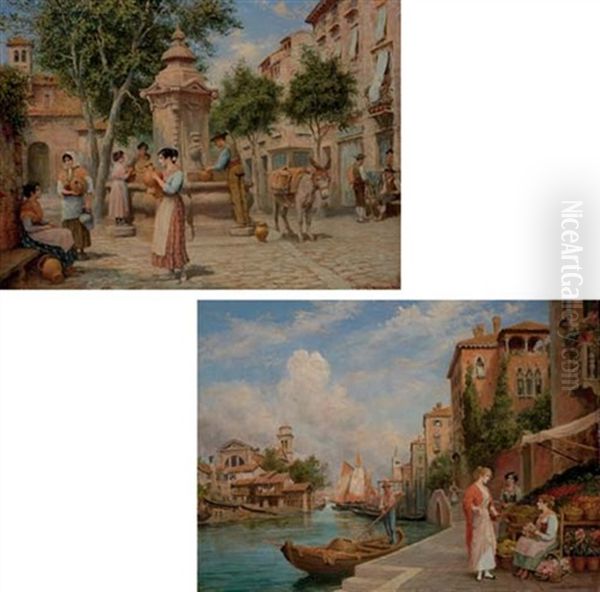 At The Well (+ The Venetian Flower Seller; Pair) Oil Painting by Arthur Trevor Haddon