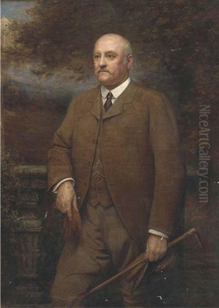 Portrait Of A Gentleman, Standing Three-quarter-length, In A Brown Tweed Suit, Holding A Crop, Cap And Gloves, A Landscape Beyond Oil Painting by Arthur Trevor Haddon