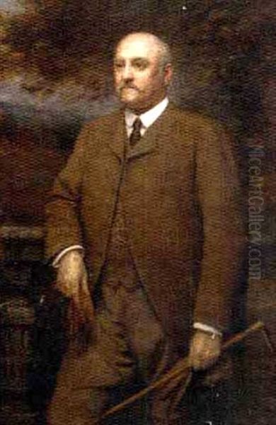 Portrait Of A Gentleman In A Brown Tweed Suit, Holding A Crop, Cap And Gloves, A Landscape Beyond Oil Painting by Arthur Trevor Haddon