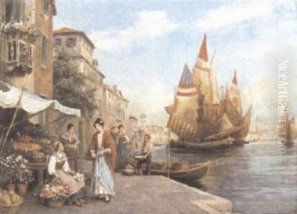 Venetian Flower Sellers Oil Painting by Arthur Trevor Haddon