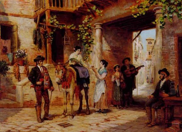 Folkelivsscene I En Gade I Spanien Oil Painting by Arthur Trevor Haddon