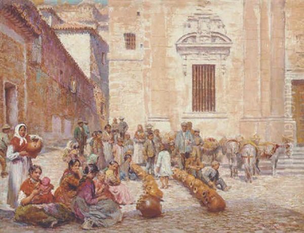 Figures In A Sunlit Spanish Square Oil Painting by Arthur Trevor Haddon