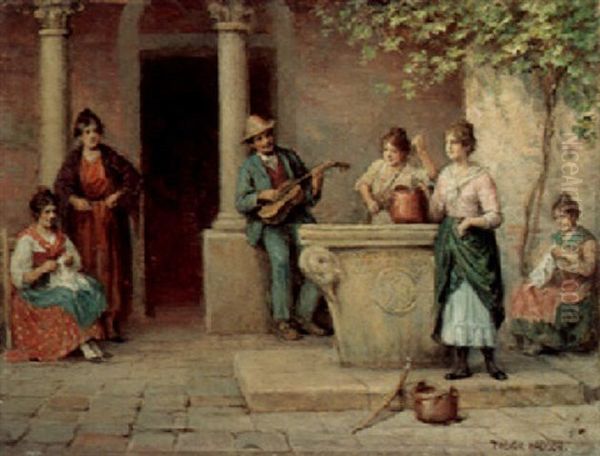 Collecting Water And Entertainment At The Well Oil Painting by Arthur Trevor Haddon