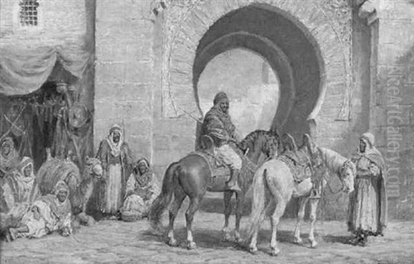 Arab Horsemen And Traders Outside City Gate Oil Painting by Arthur Trevor Haddon