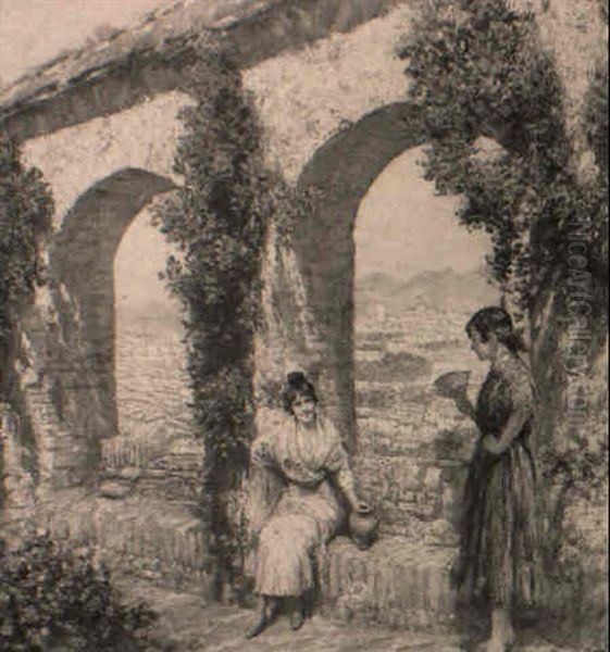 Spanish Girls By An Archway Overlooking A Town Oil Painting by Arthur Trevor Haddon