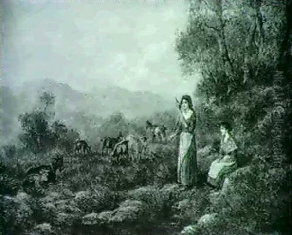 By A River  A Shepherdess Oil Painting by Arthur Trevor Haddon