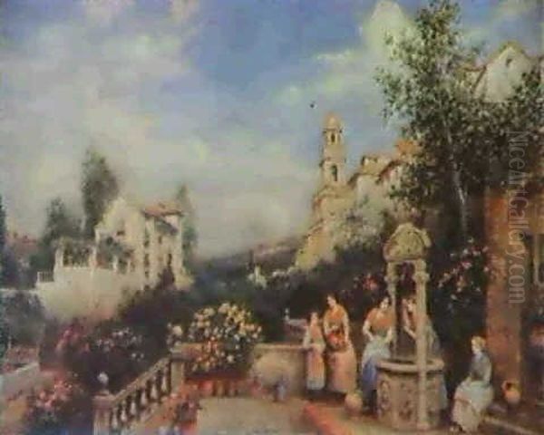 A Spanish Terrace With Women Conversing At A Well Oil Painting by Arthur Trevor Haddon